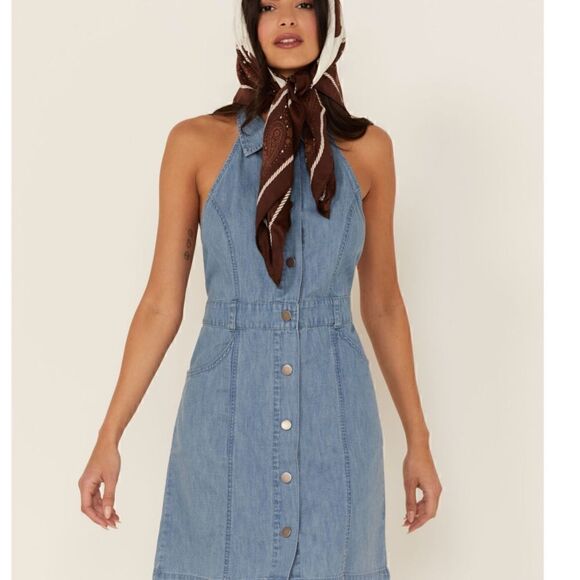 NWT Free People Sami Mini Dress Denim Blue Dress Halter Open Back Button Down L - Picture 6 of 11